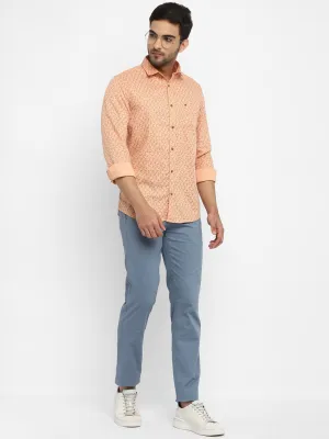 Peach Cotton Printed Slim Fit Shirt