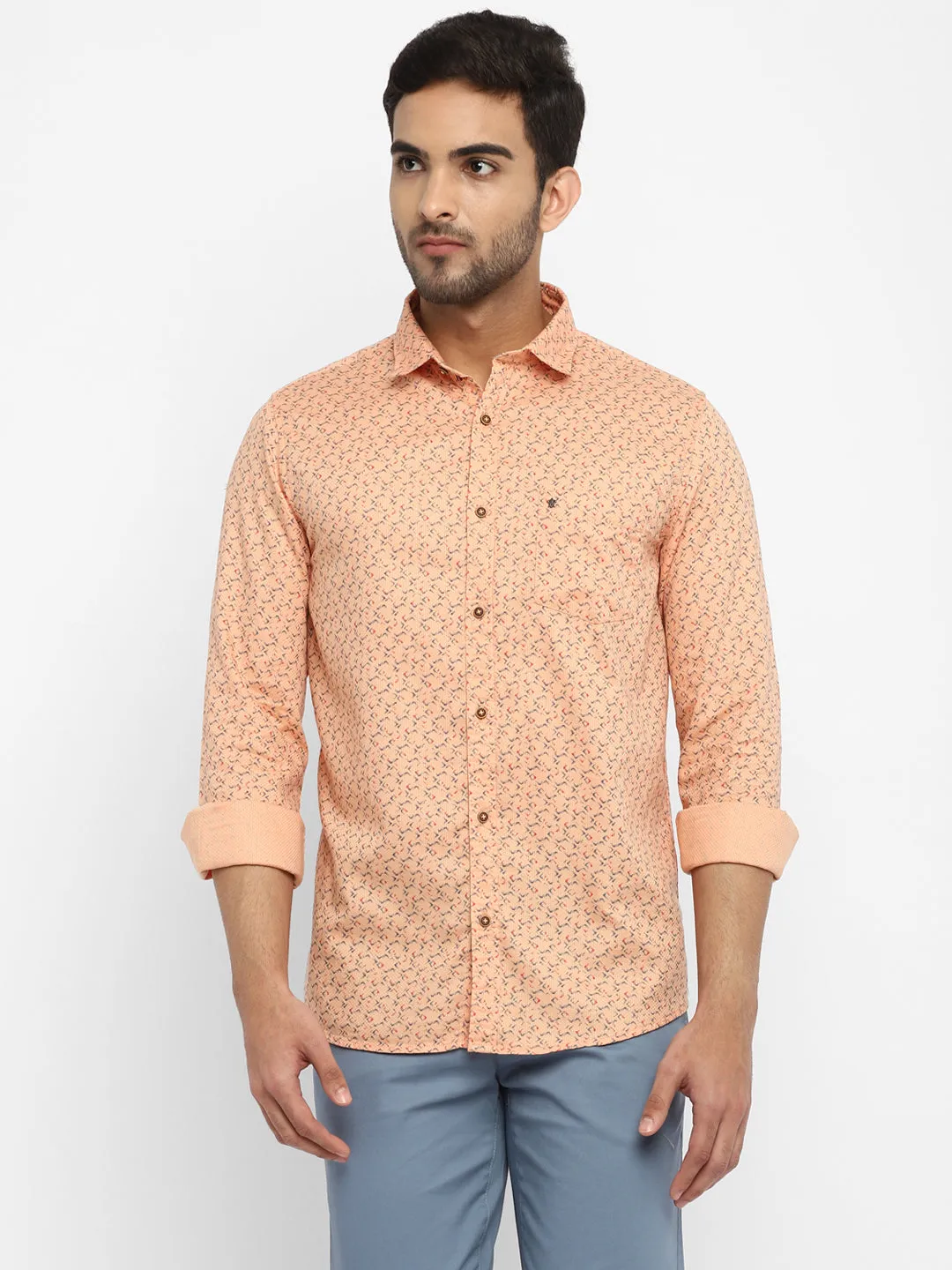 Peach Cotton Printed Slim Fit Shirt