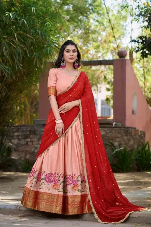 Peach Cotton Silk Lehenga Choli with Thread Embroidery & Sequined Georgette Dupatta