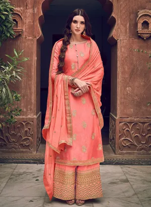 Peach Designer Embroidered Palazzo Suit