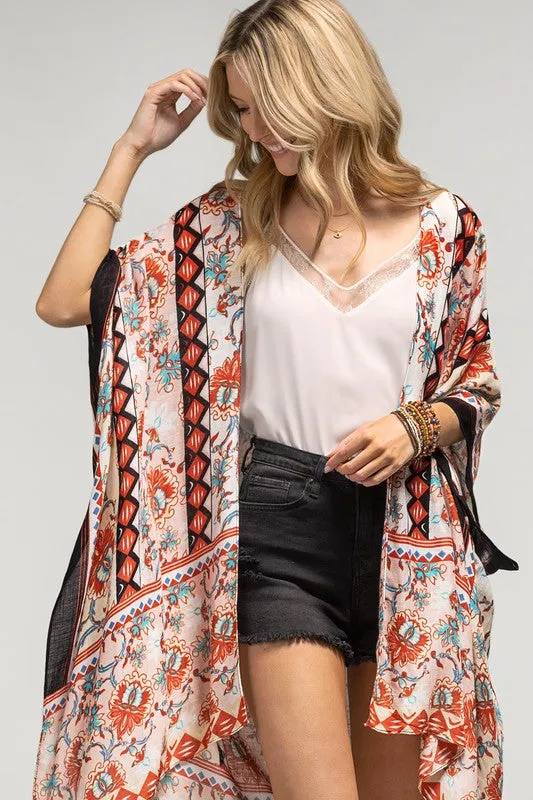 Peach Diamond Printed Cream Floral Kimono Wrap Coverup Top Women's Summer