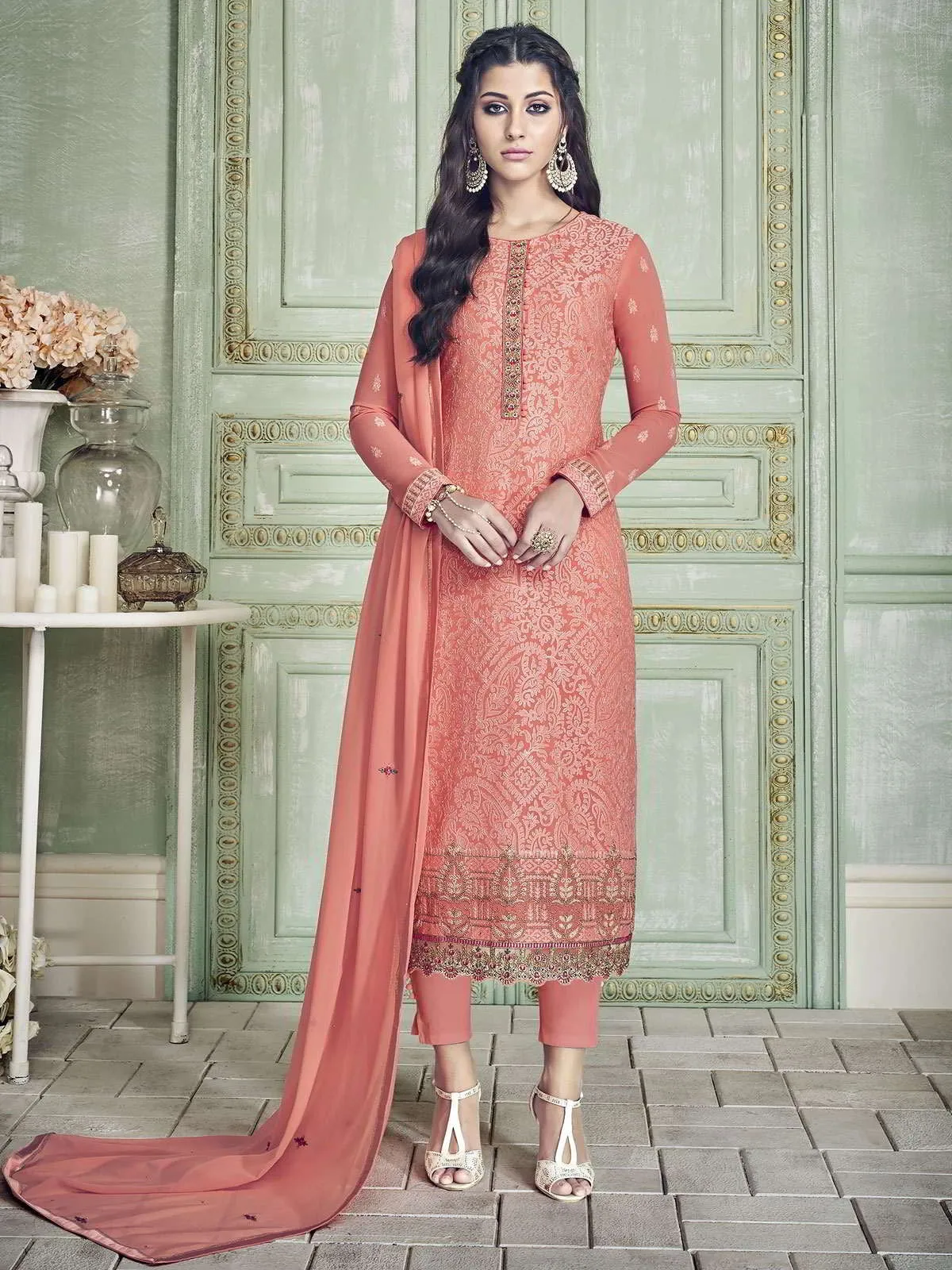 Peach Ethnic Embroidered Designer Pakistani Pant Suit