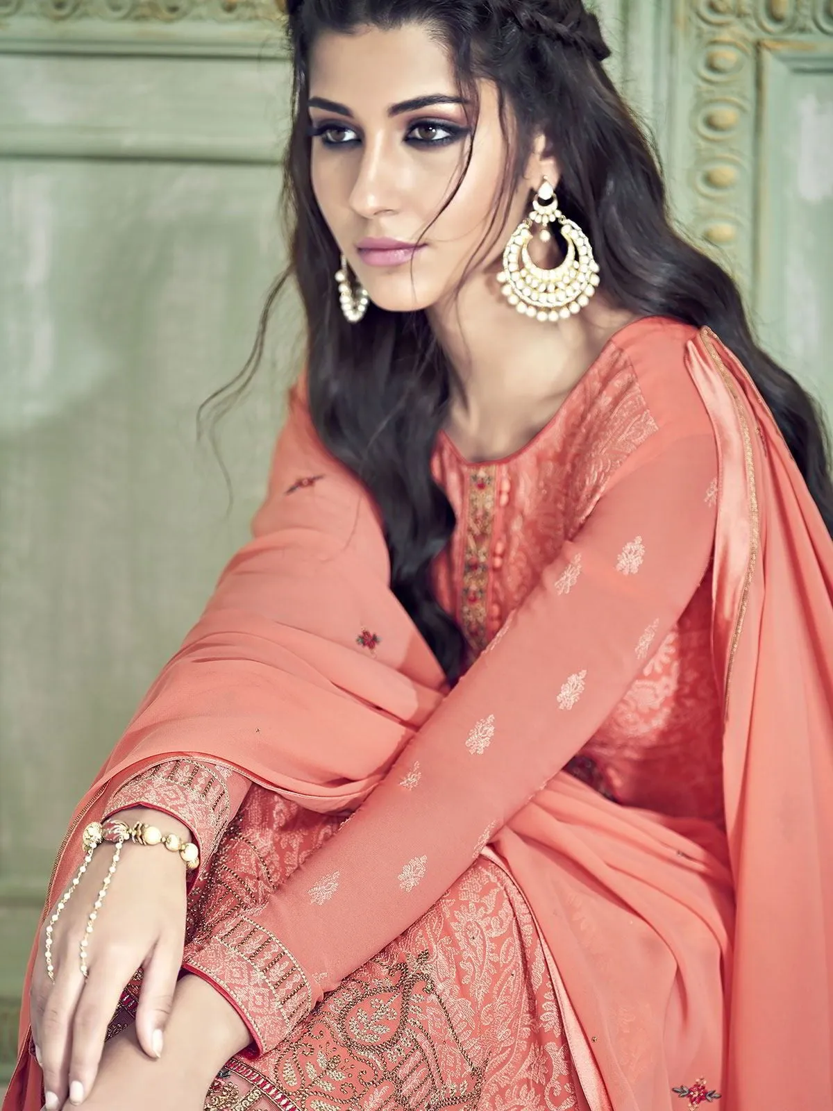 Peach Ethnic Embroidered Designer Pakistani Pant Suit