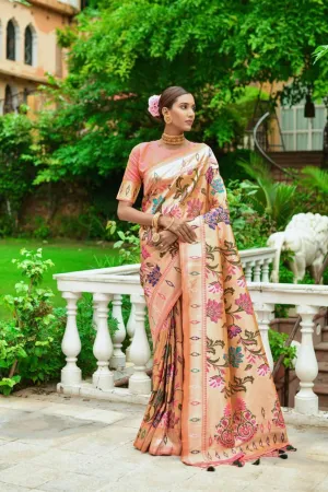 Peach Floral Banarasi Silk  Saree