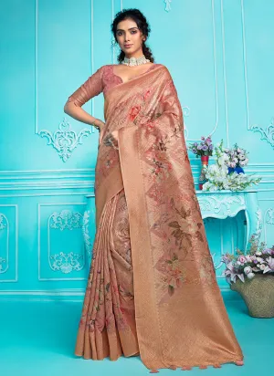 Peach Floral Digital Printed Organza Silk Saree