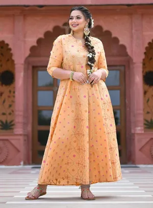 Peach Floral Gold Printed Long Ethnic Gown