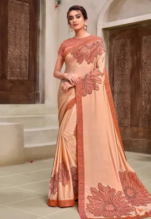 Peach Floral Motif And Stone Detailed Silk Saree