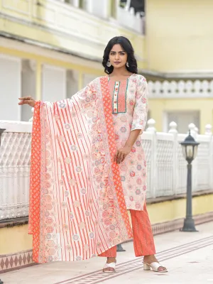 Peach Floral Printed Cotton Kurta Pant With Dupatta Set With Sequins & Thread Work