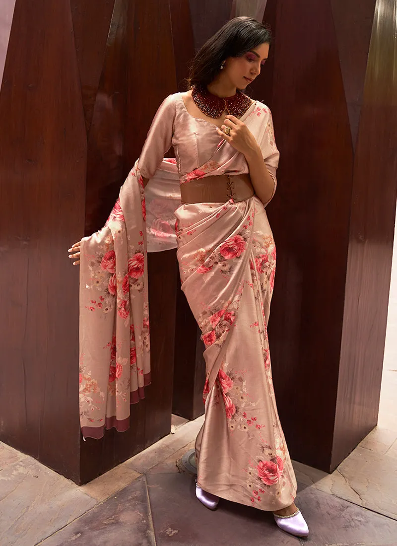 Peach Floral Printed Festive Saree