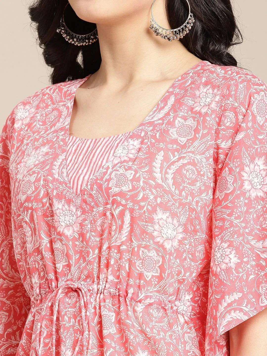 Peach Floral Printed Kaftaan With Straight Pants