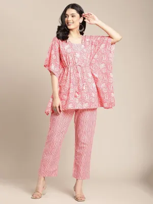 Peach Floral Printed Kaftaan With Straight Pants