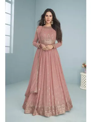 Peach Georgette Embroidery Anarkali with Dupatta Set