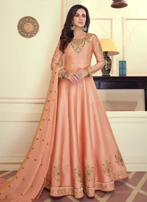 Peach Golden Designer Silk Anarkali Suit Set