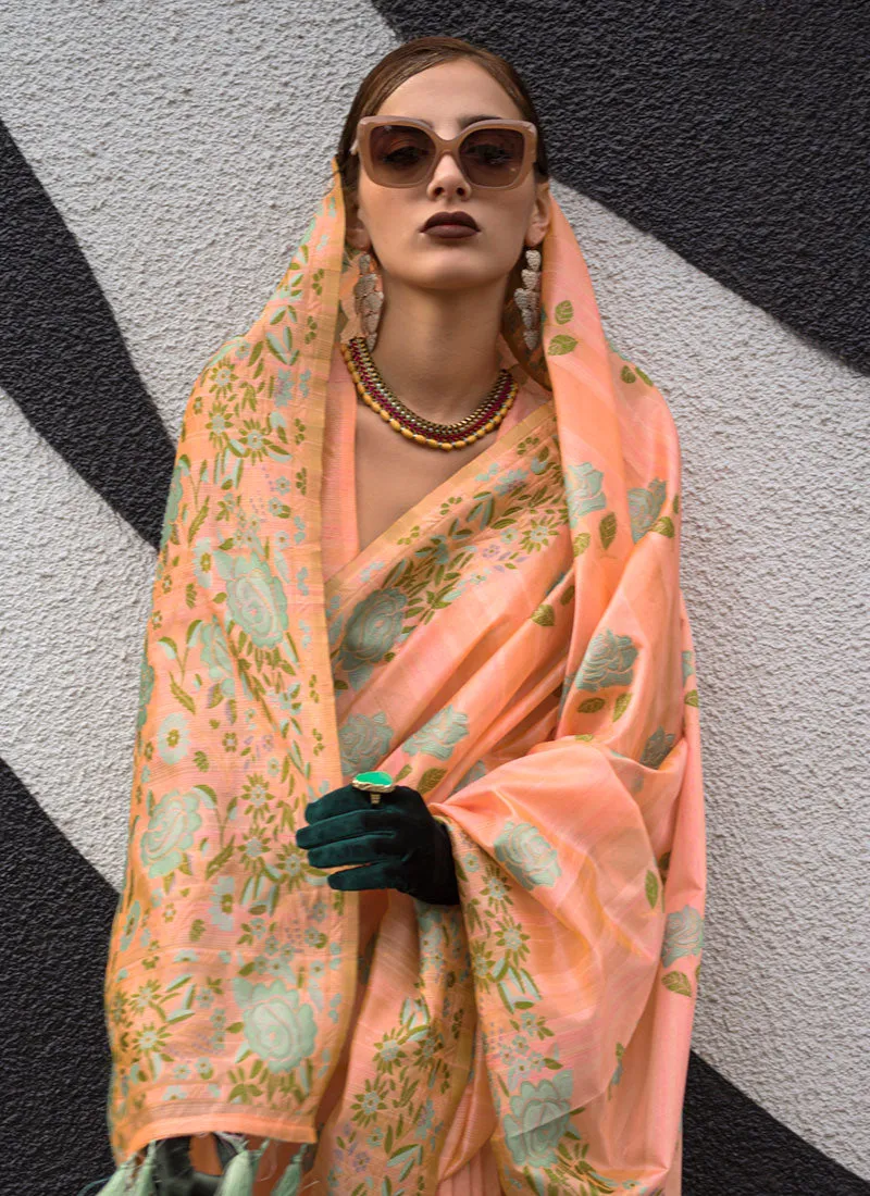 Peach Handloom Woven Floral Printed Silk Saree