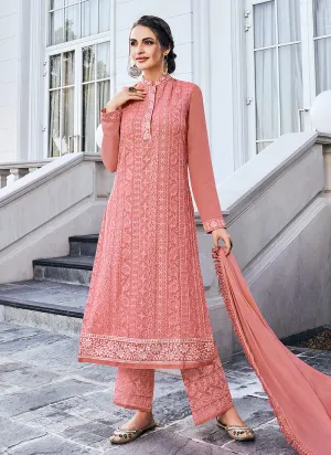 Peach Lucknowi Embroidered Pants Style Suit