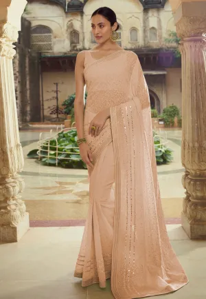 Peach Mirror Embroidered Party Wear Saree