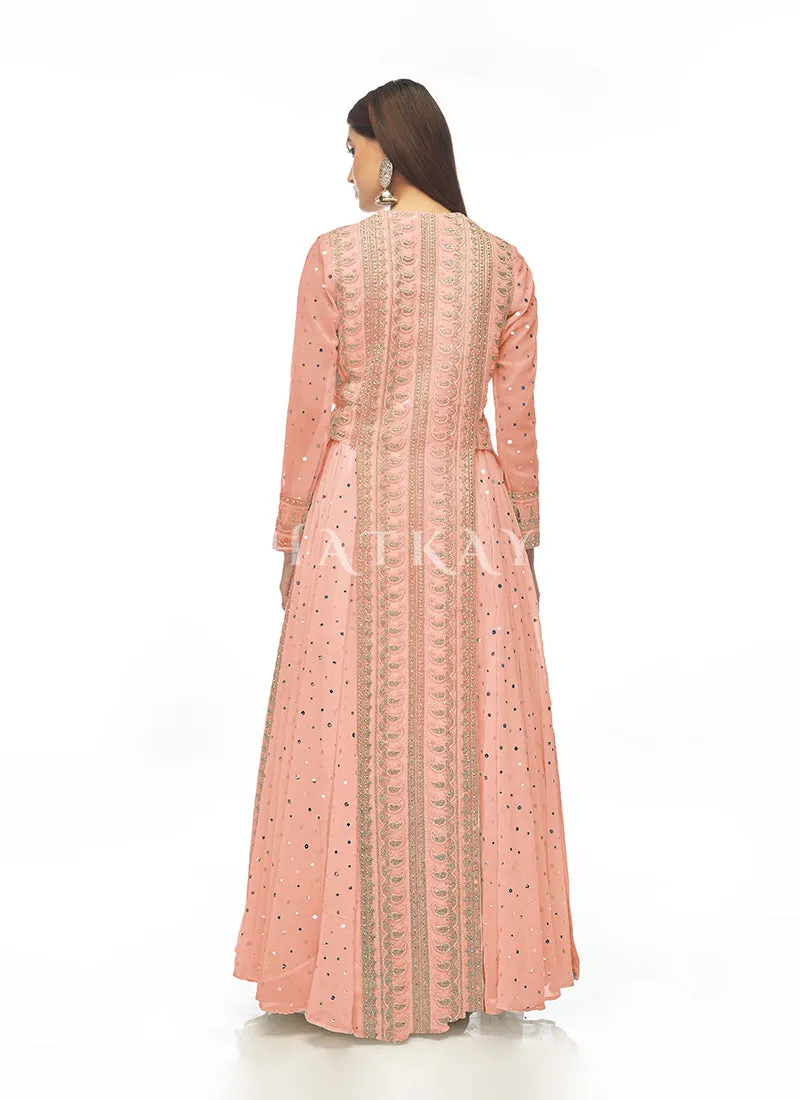 Peach Mirror Embroidered Slit Style Lehenga Suit