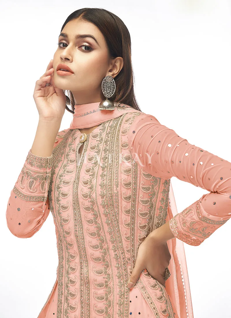 Peach Mirror Embroidered Slit Style Lehenga Suit