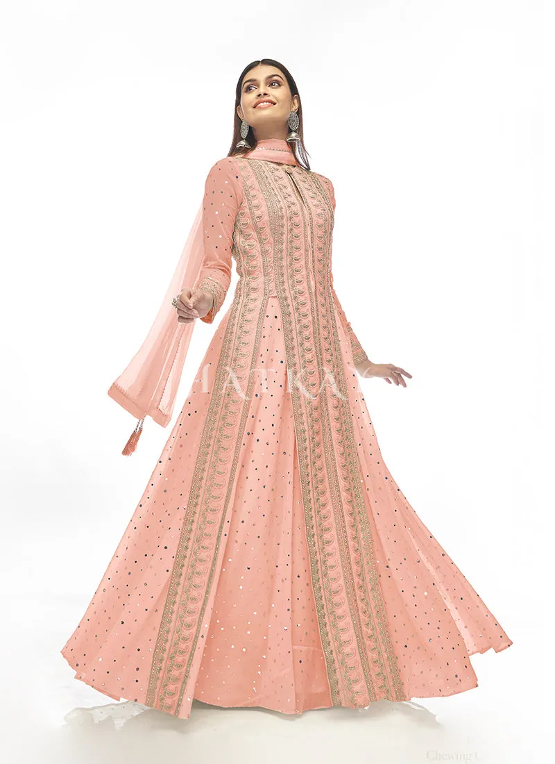 Peach Mirror Embroidered Slit Style Lehenga Suit