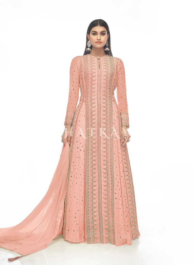 Peach Mirror Embroidered Slit Style Lehenga Suit