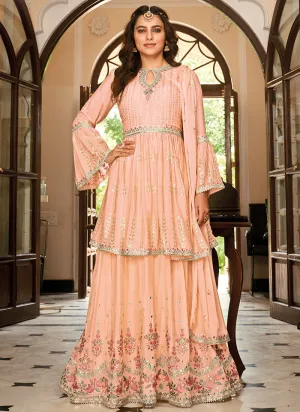 Peach Mirror Work Embroidery Anarkali Lehenga Suit