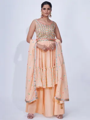 Peach Mirror Work Multi Embroidery Chiffon Palazzo Suit