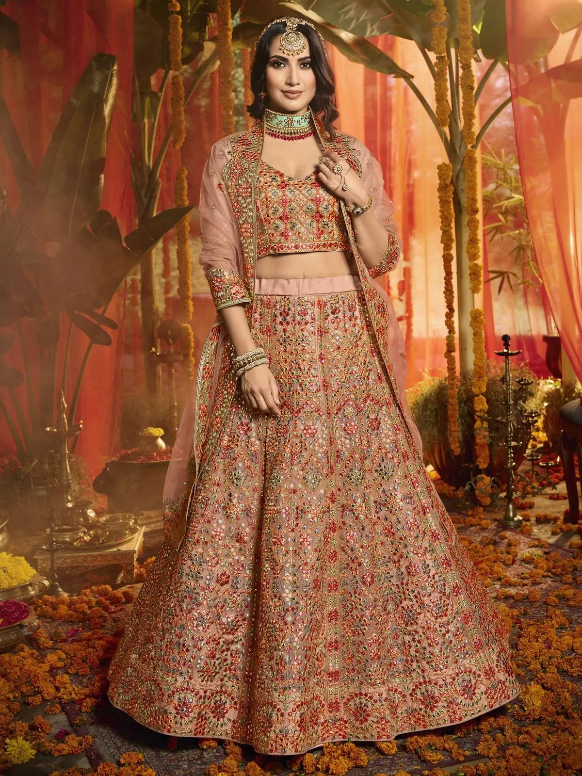 Peach Multi Embroidered Designer Lehenga Choli