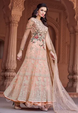 Peach Multi Embroidered Net Anarkali Suit