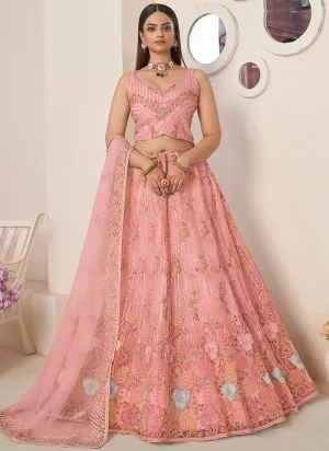 Peach Multi Sequence Embroidery Festive Lehenga Choli