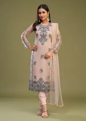 Peach Multi Thread Embroidered Net Salwar Suit