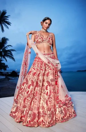 Peach Net Sequins, Mirror and thread embroidery Semi-Stitched Lehenga choli & Dupatta