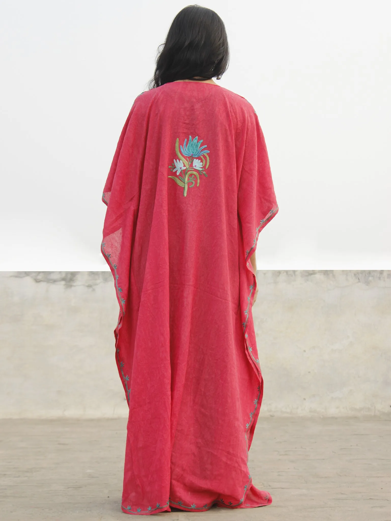 Peach Pink with Multi color  Aari Embroidered Long Kashmere Free Size Kaftan in Crushed Cotton - K11K014