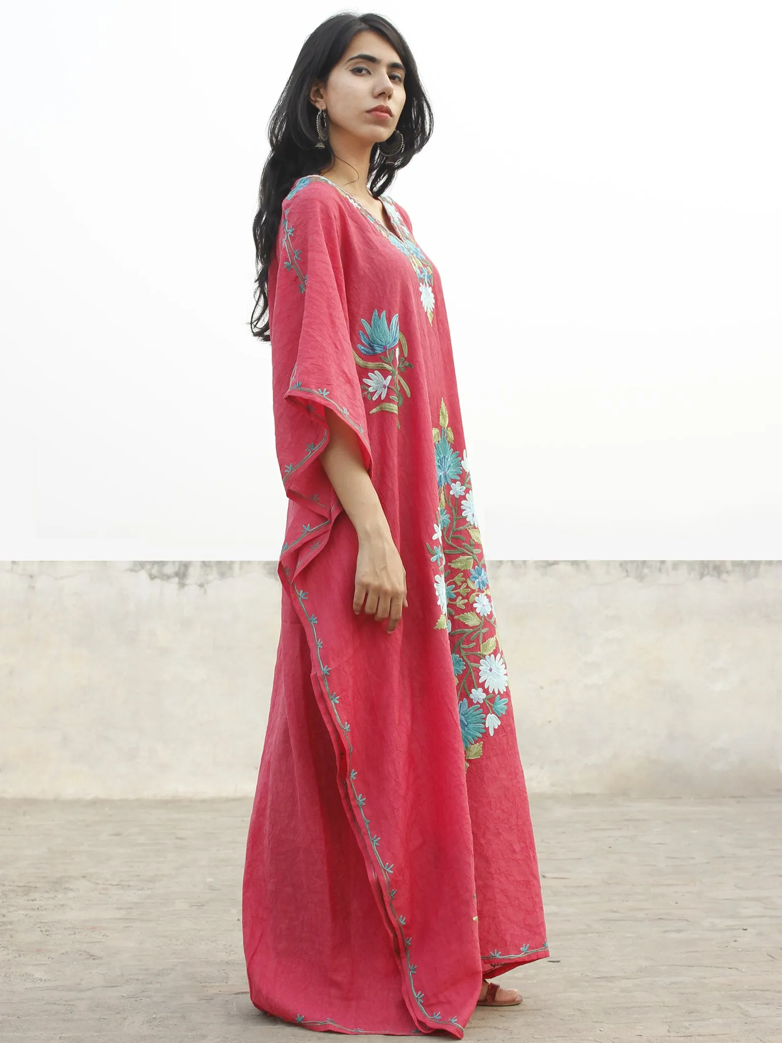 Peach Pink with Multi color  Aari Embroidered Long Kashmere Free Size Kaftan in Crushed Cotton - K11K014