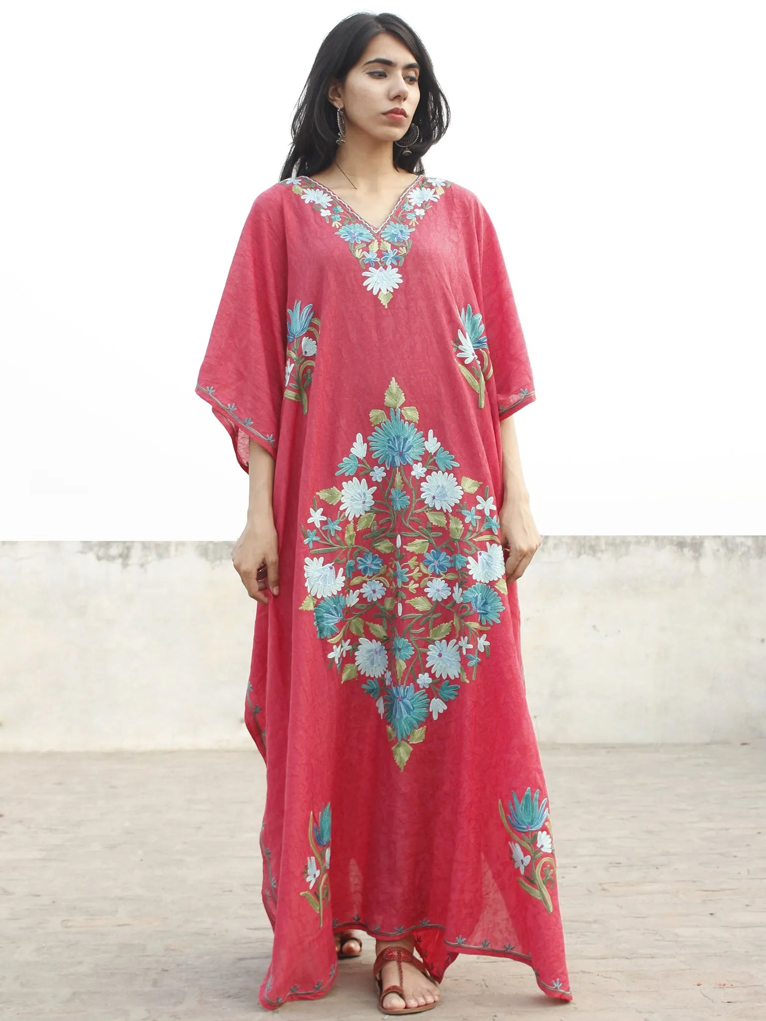 Peach Pink with Multi color  Aari Embroidered Long Kashmere Free Size Kaftan in Crushed Cotton - K11K014