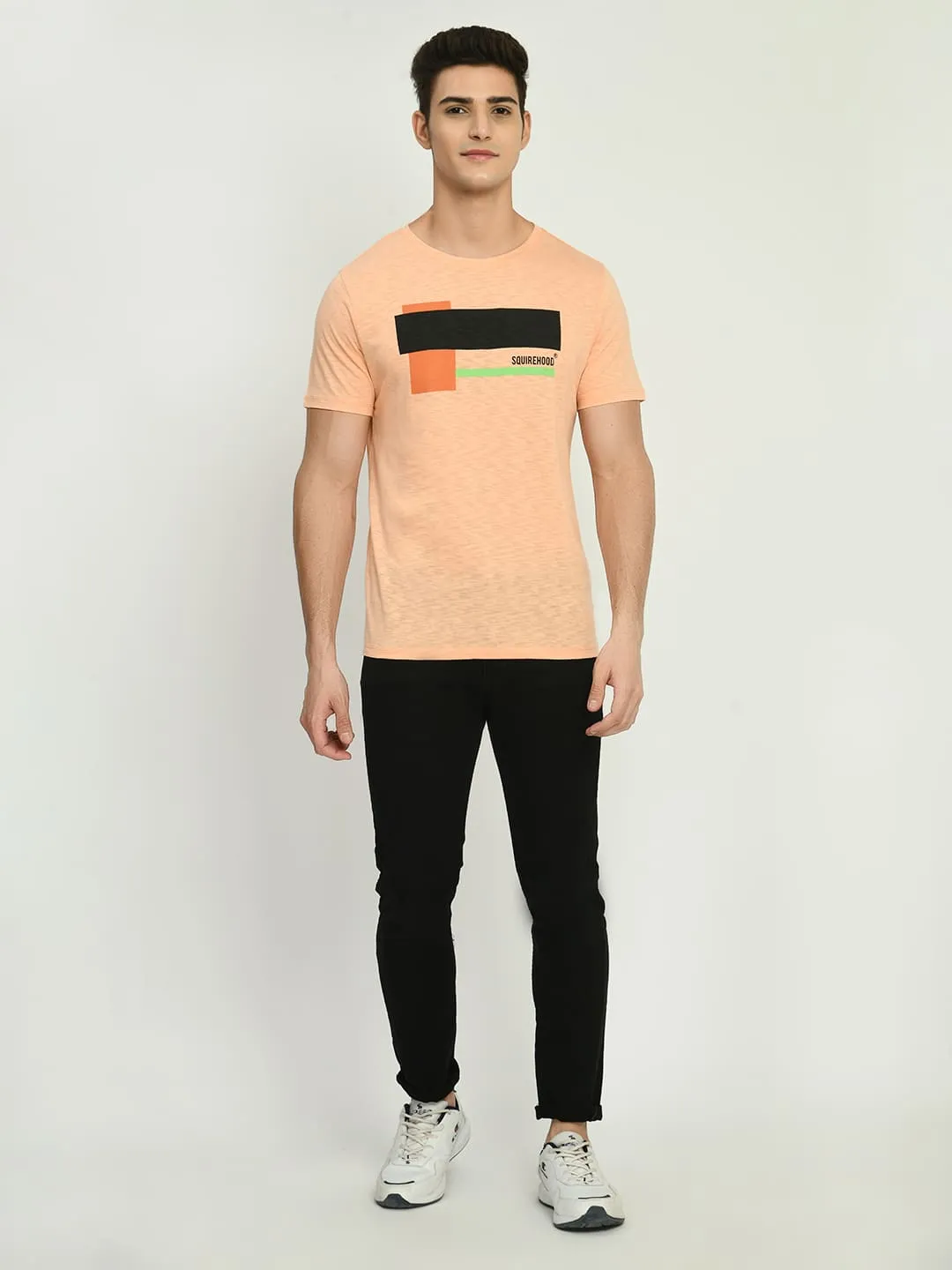 Peach Printed Regular Fit T-Shirt