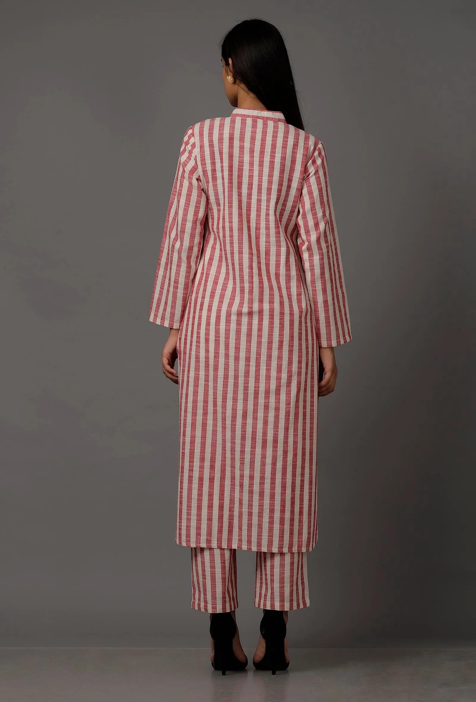 Peach  Red and White Stripes Pure Woven Cotton Kurta