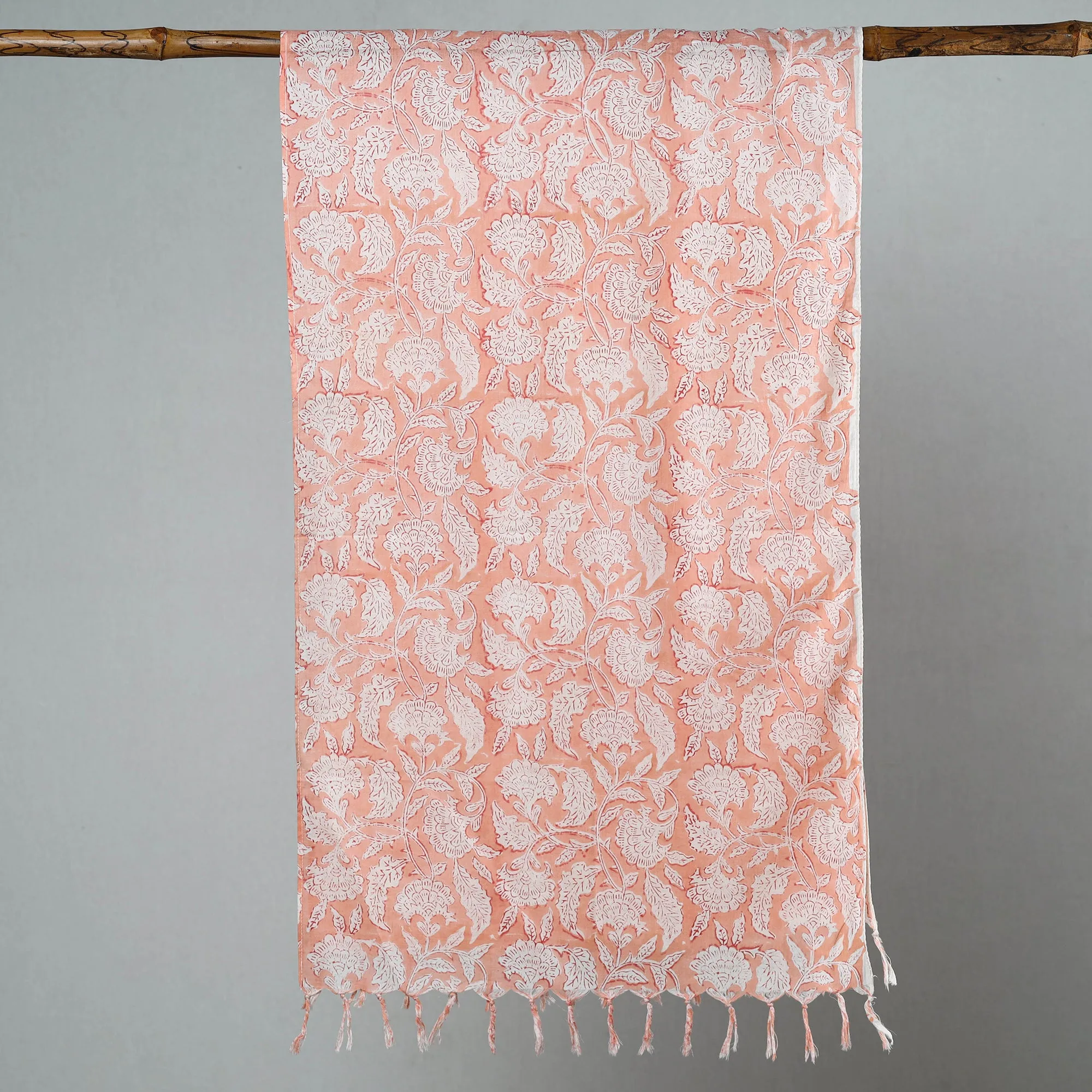 Peach - Sanganeri Block Printed Cotton Stole with Tassels 104