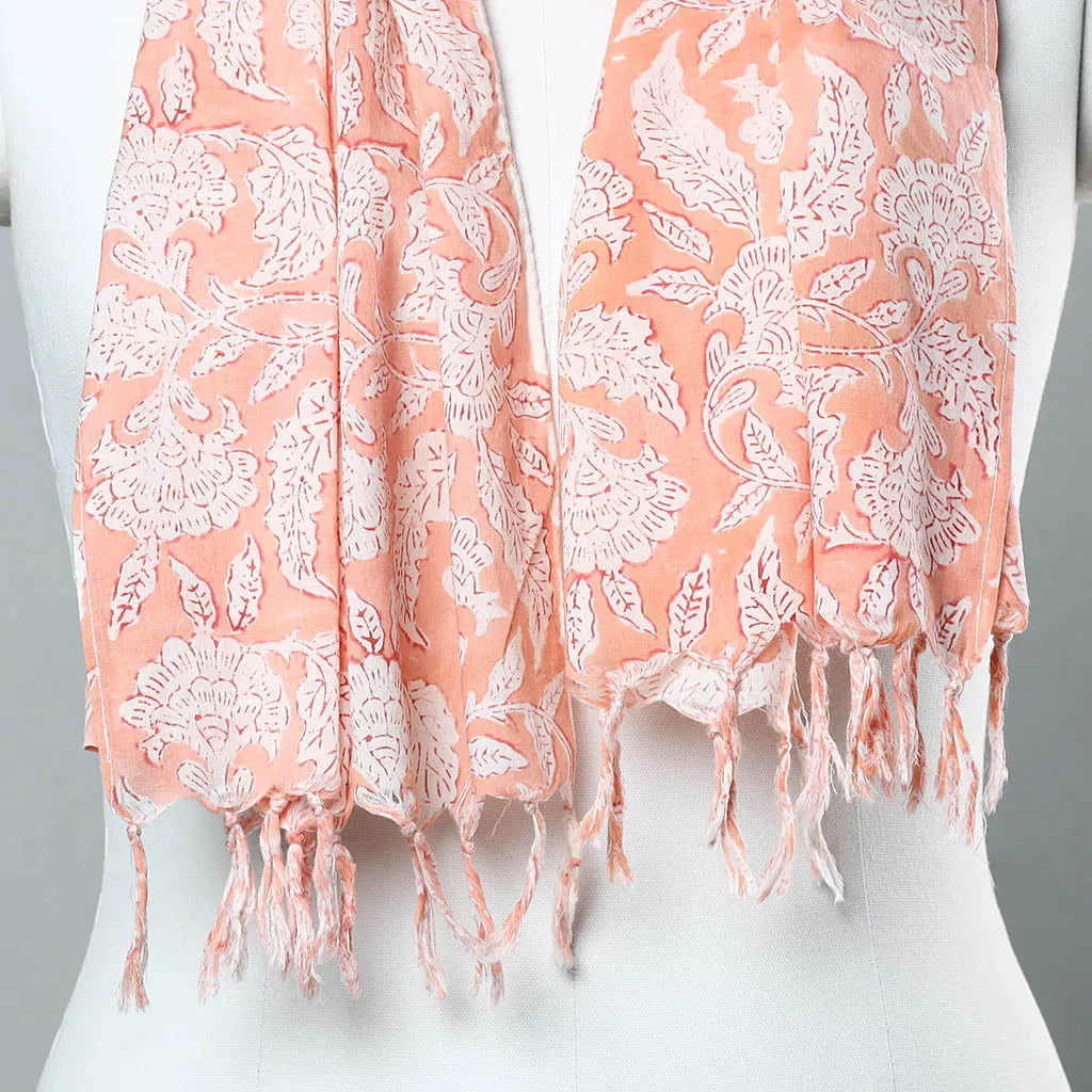 Peach - Sanganeri Block Printed Cotton Stole with Tassels 104