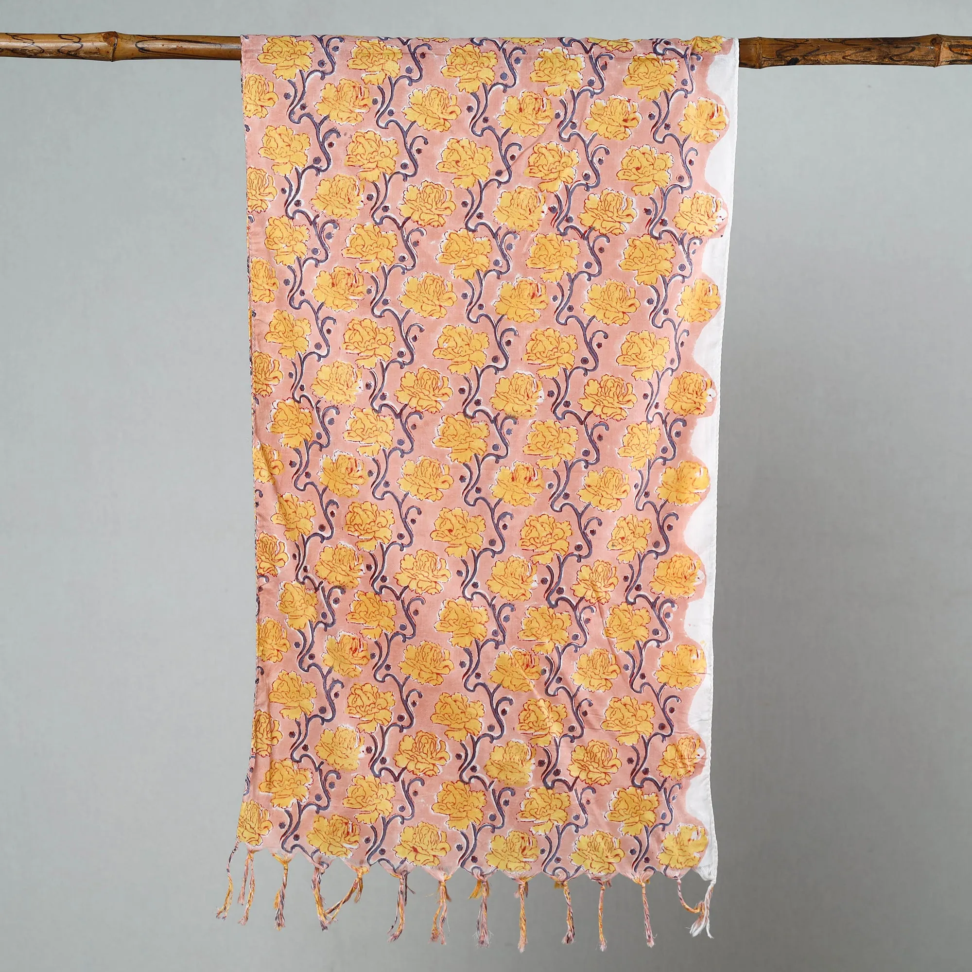 Peach - Sanganeri Block Printed Cotton Stole with Tassels 27