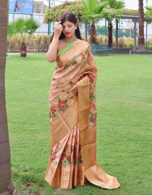 Peach Saree in Banarasi Silk with Floral Prints