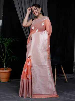 Peach Saree in Linen Silk with Silver Zari and Big Border