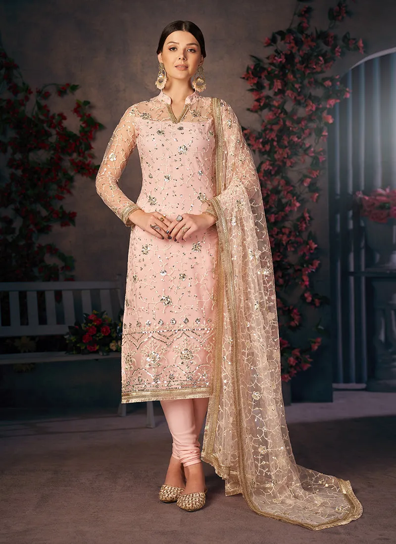 Peach Sequence Embroidered Churidar Suit