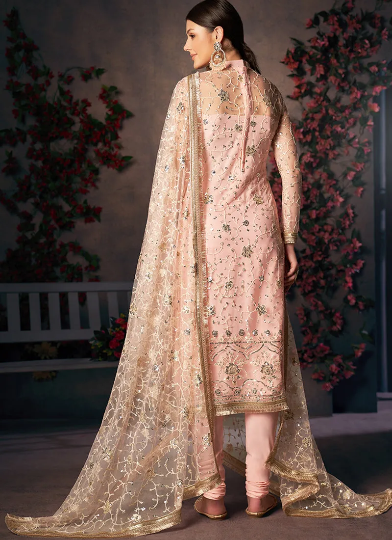 Peach Sequence Embroidered Churidar Suit