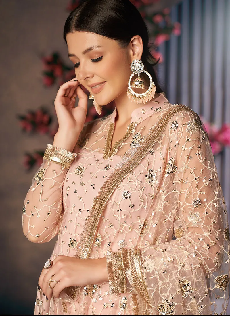 Peach Sequence Embroidered Churidar Suit