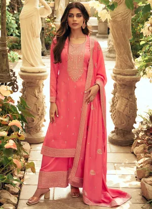 Peach Sequence Embroidery Silk Palazzo Suit