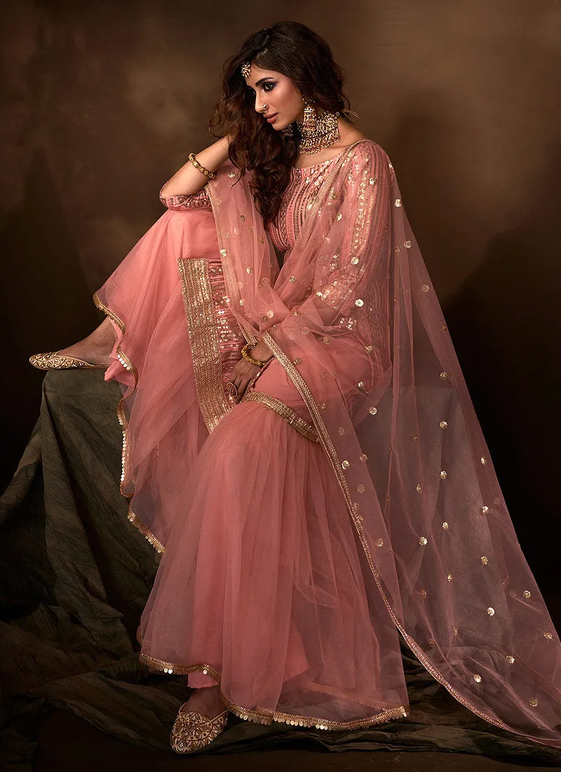 Peach Traditional Embroidered Gharara Suit