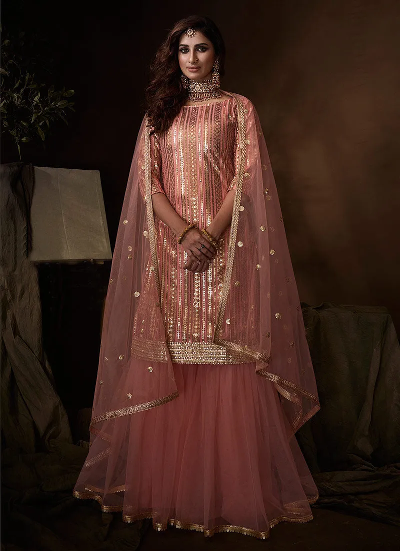 Peach Traditional Embroidered Gharara Suit