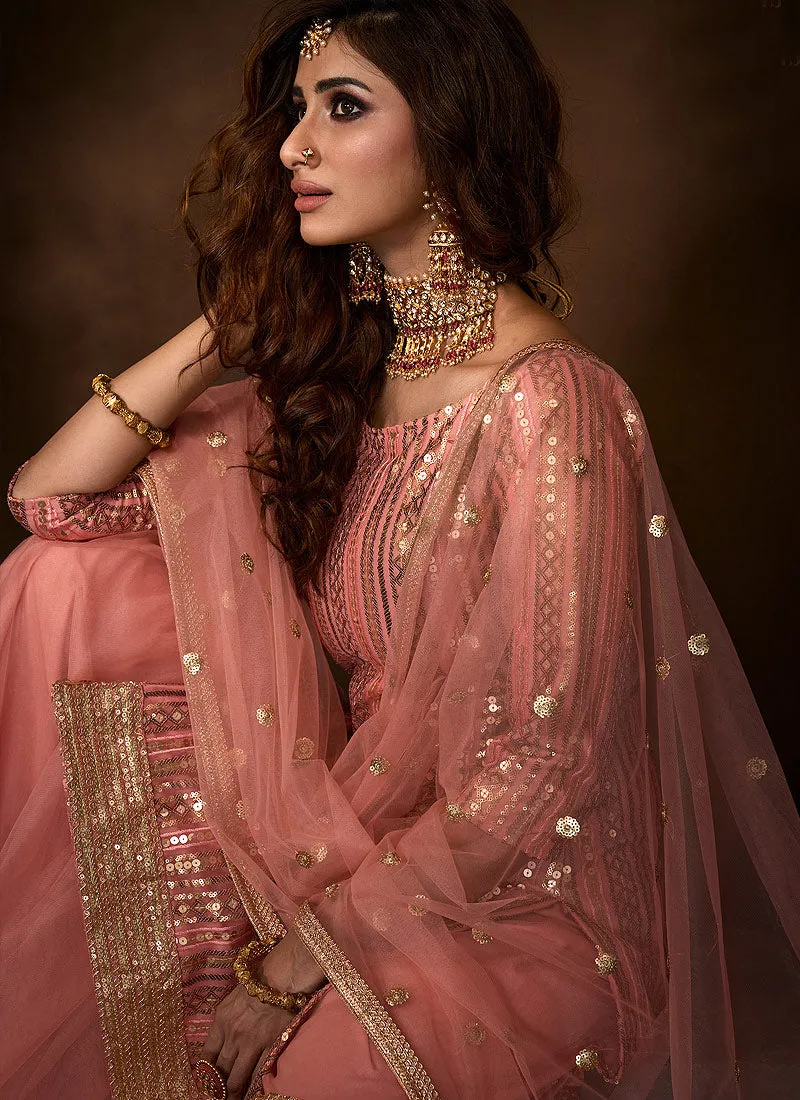 Peach Traditional Embroidered Gharara Suit