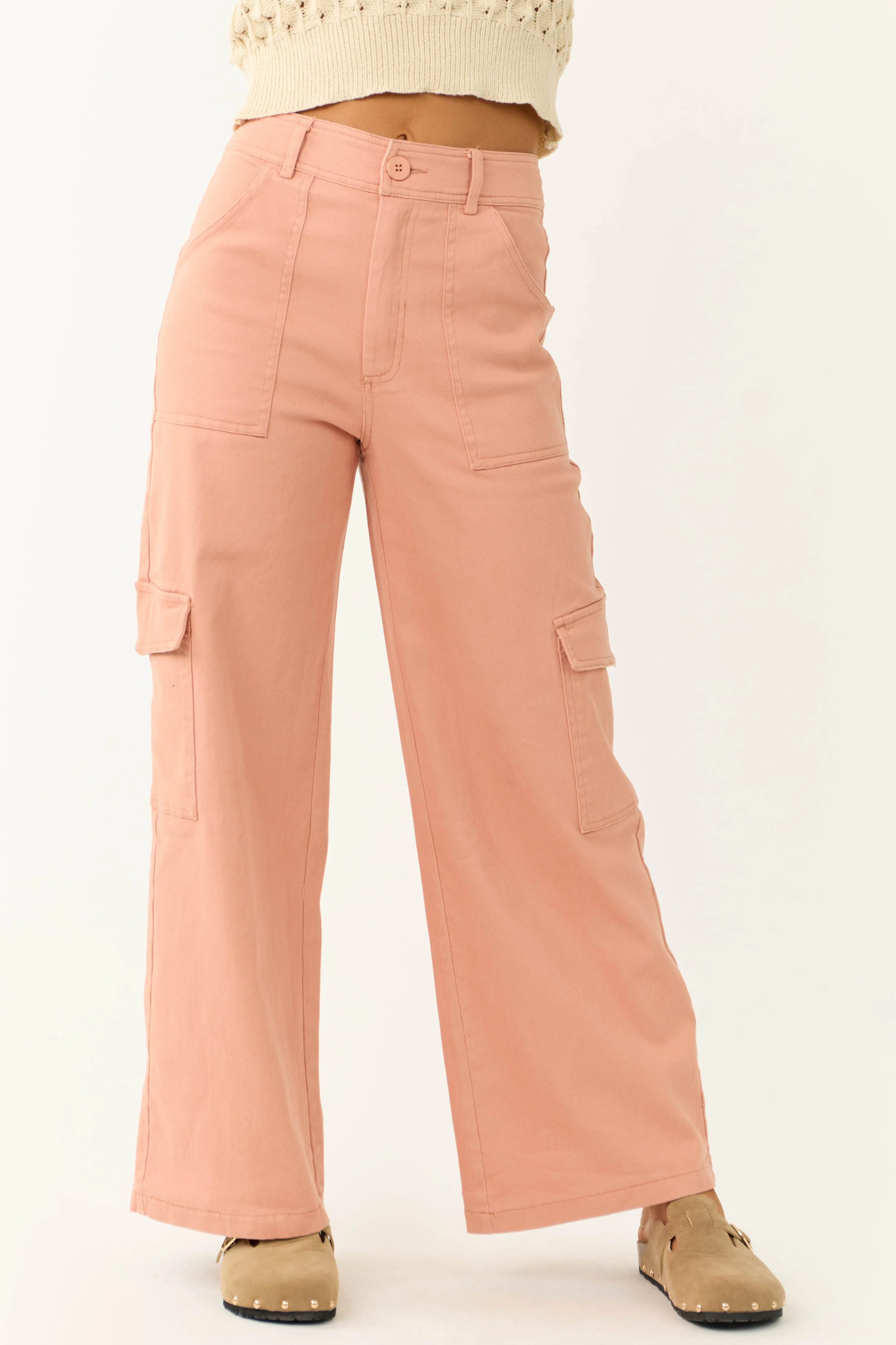 Peach Twill Wide Leg High Waisted Cargo Pants