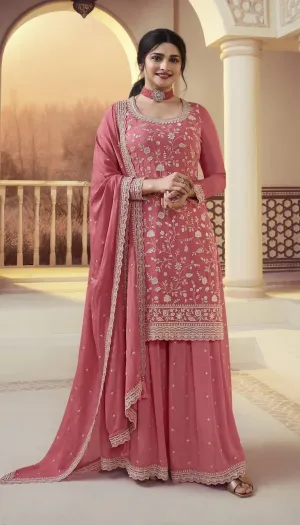 Peach Vichitra Embroidered Salwar Kameez Set